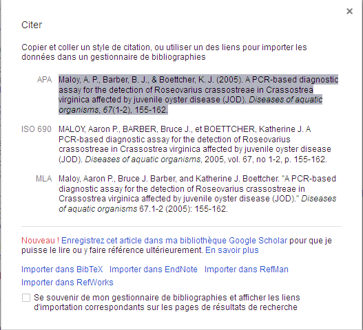 Types de citation dans google Scholar